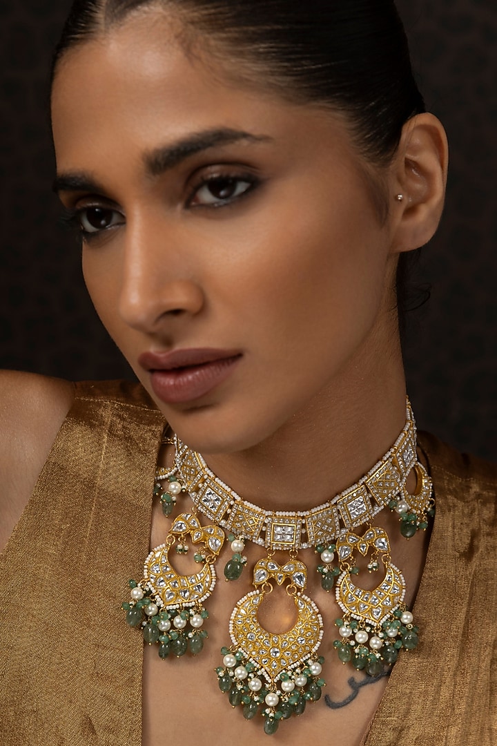 Gold Finish Kundan Polki & Green Onyx Necklace Set by Preeti Mohan at Pernia's Pop Up Shop