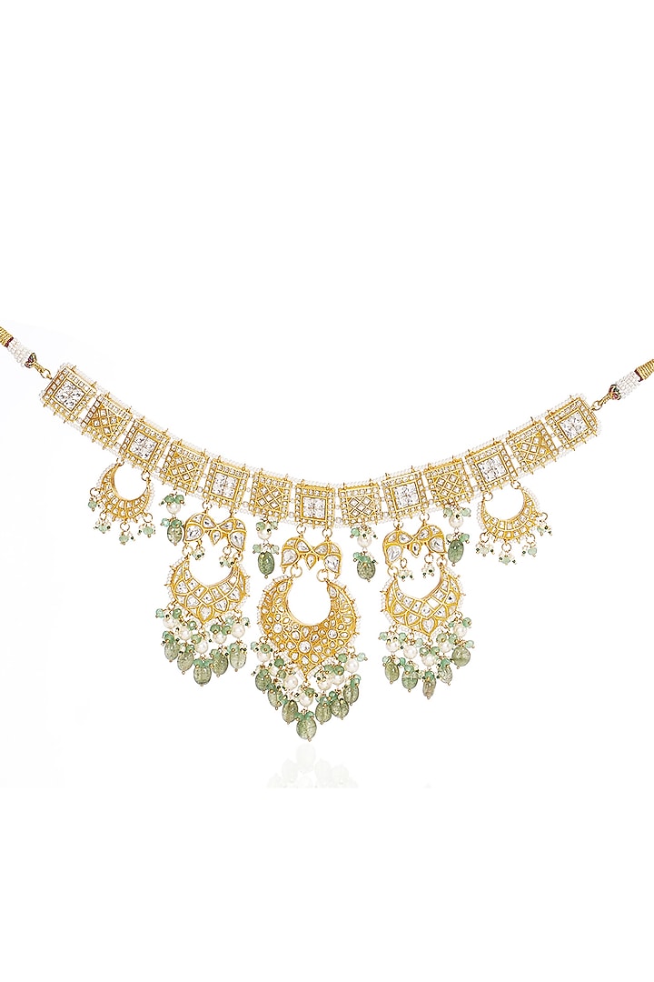 Gold Finish Kundan Polki & Green Onyx Necklace Set by Preeti Mohan at Pernia's Pop Up Shop