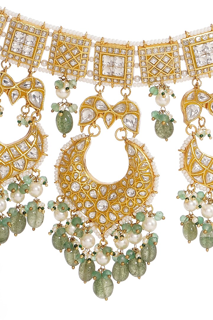 Gold Finish Kundan Polki & Green Onyx Necklace Set by Preeti Mohan at Pernia's Pop Up Shop