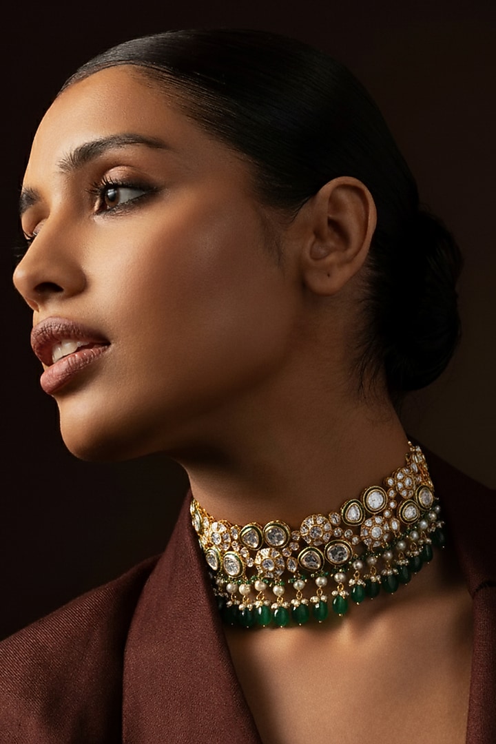 Gold Finish Kundan Polki & Green Onyx Choker Necklace Set by Preeti Mohan at Pernia's Pop Up Shop