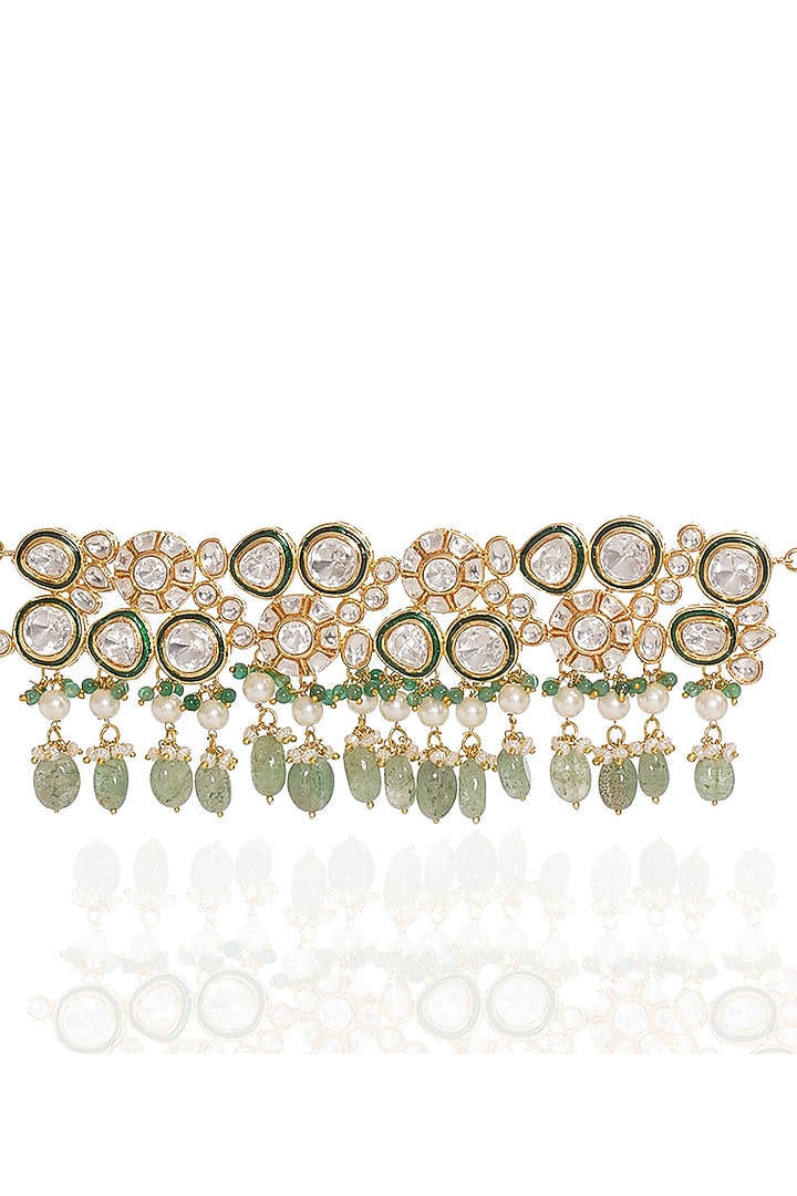 Gold Finish Kundan Polki & Green Onyx Choker Necklace Set by Preeti Mohan at Pernia's Pop Up Shop