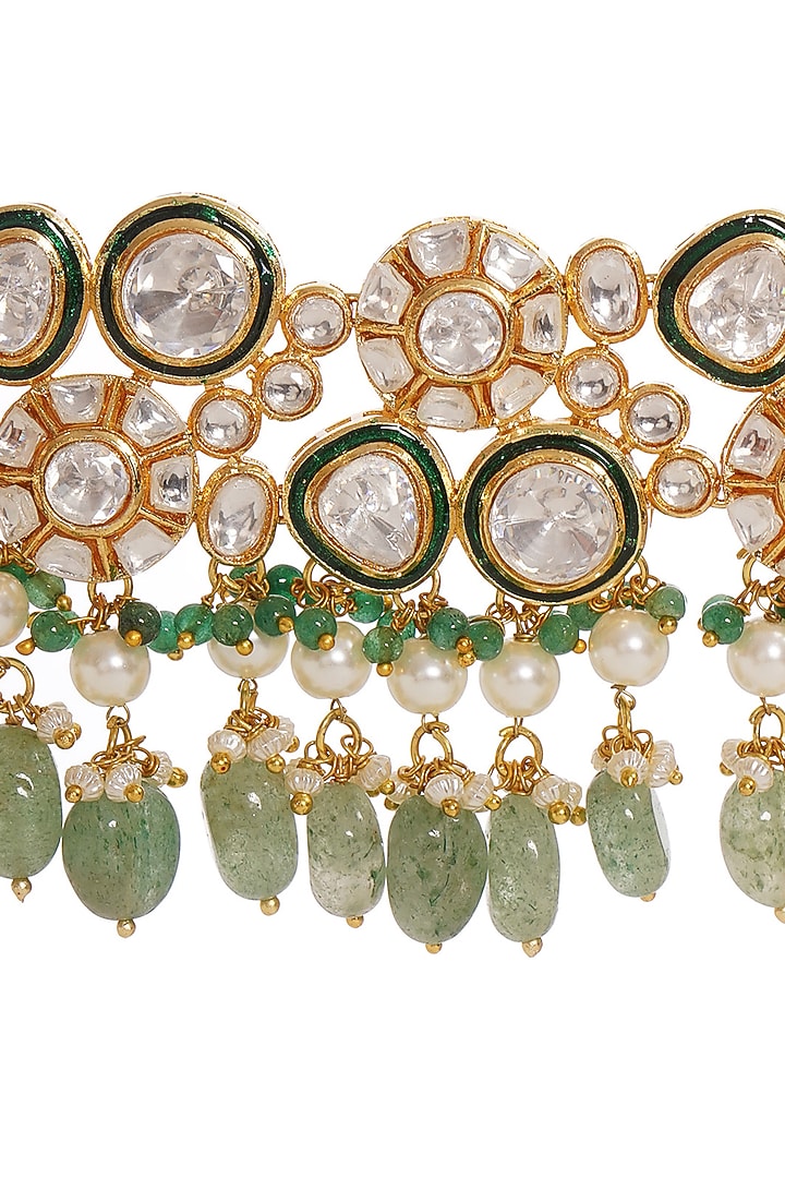 Gold Finish Kundan Polki & Green Onyx Choker Necklace Set by Preeti Mohan at Pernia's Pop Up Shop