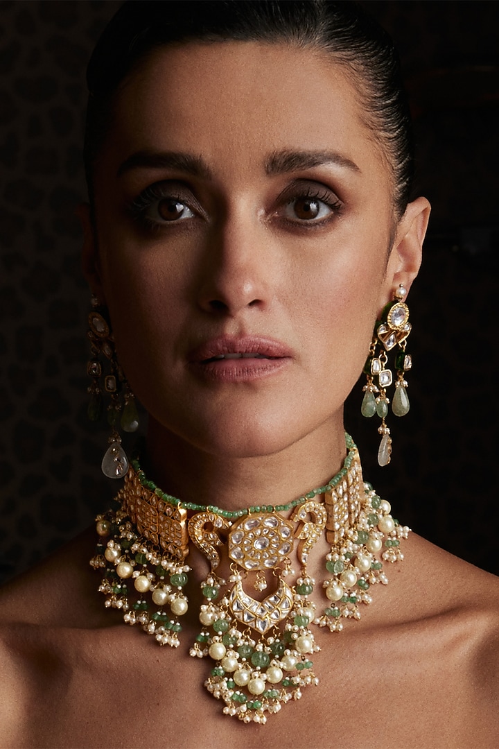 Gold Finish Kundan Polki & Pearl Choker Necklace Set by Preeti Mohan at Pernia's Pop Up Shop