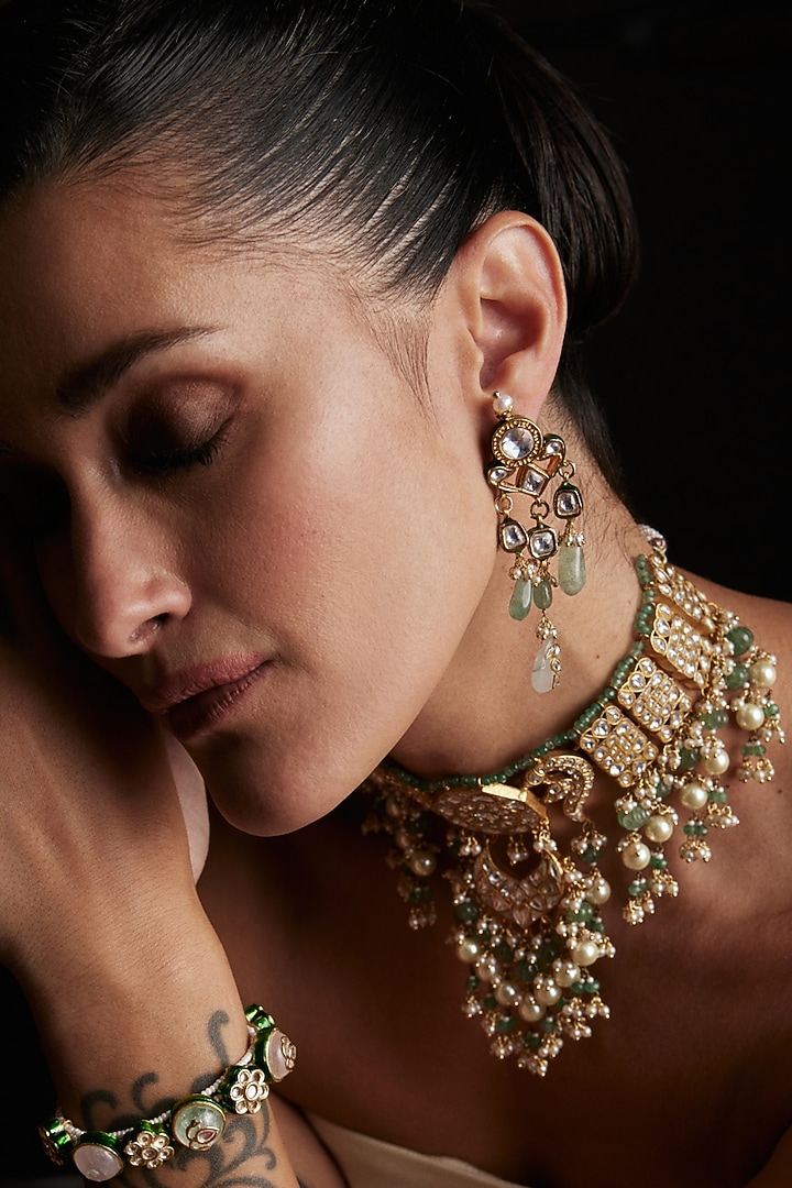 Gold Finish Kundan Polki & Pearl Choker Necklace Set by Preeti Mohan at Pernia's Pop Up Shop