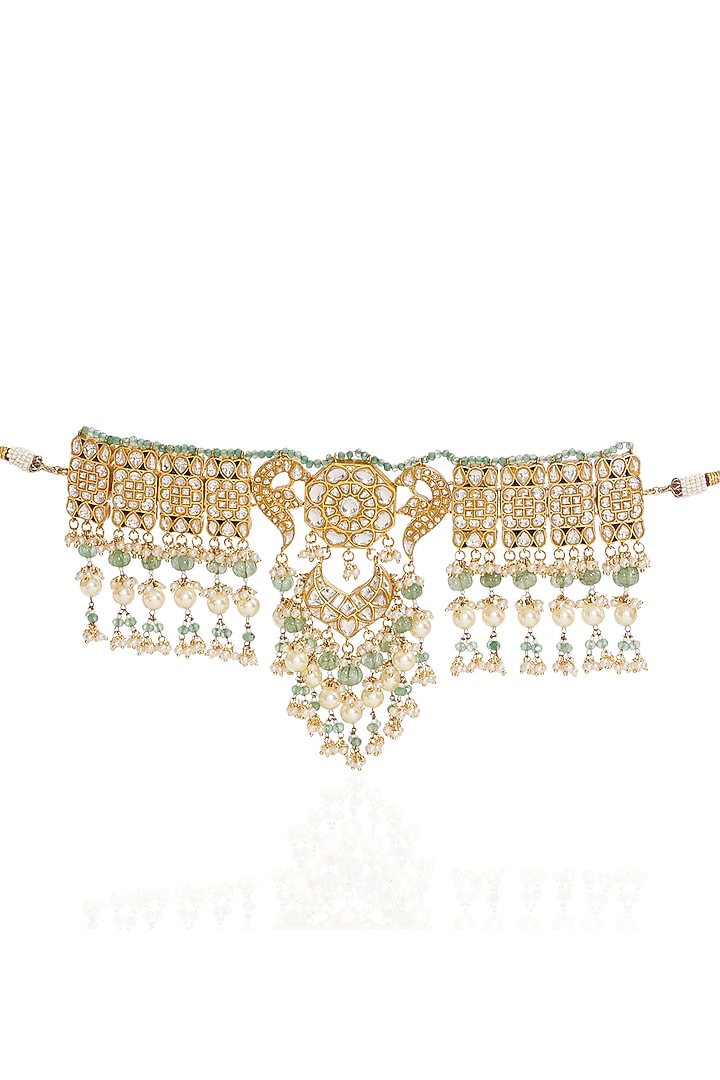 Gold Finish Kundan Polki & Pearl Choker Necklace Set by Preeti Mohan at Pernia's Pop Up Shop