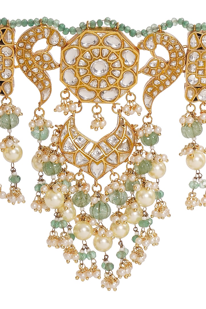 Gold Finish Kundan Polki & Pearl Choker Necklace Set by Preeti Mohan at Pernia's Pop Up Shop