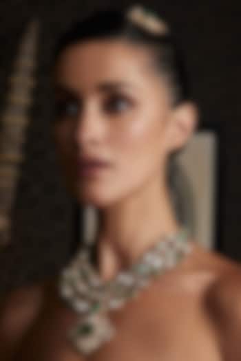 Gold Finish Kundan Polki & Green Onyx Long Necklace Set by Preeti Mohan at Pernia's Pop Up Shop