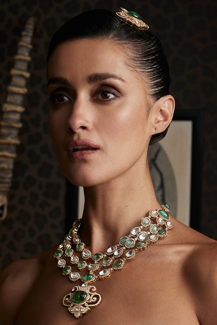 Gold Finish Kundan Polki & Green Onyx Long Necklace Set by Preeti Mohan at Pernia's Pop Up Shop