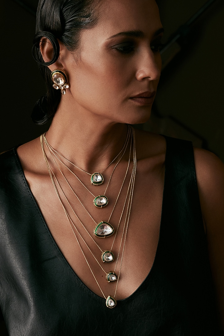 Gold Finish Kundan Polki Long Necklace Set by Preeti Mohan at Pernia's Pop Up Shop