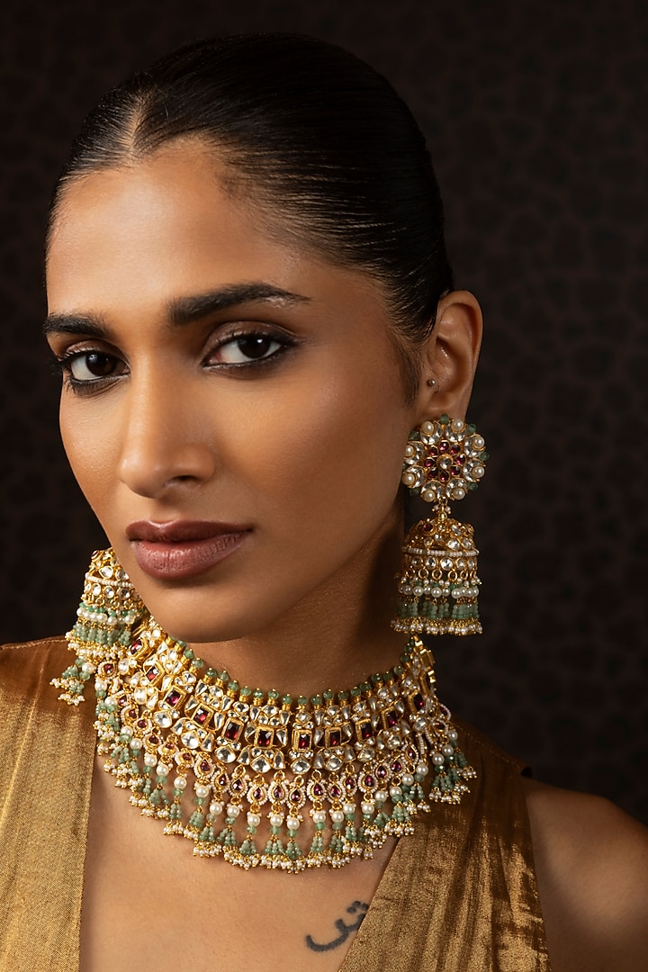 Gold Finish Kundan Polki & Pearl Choker Necklace Set by Preeti Mohan at Pernia's Pop Up Shop