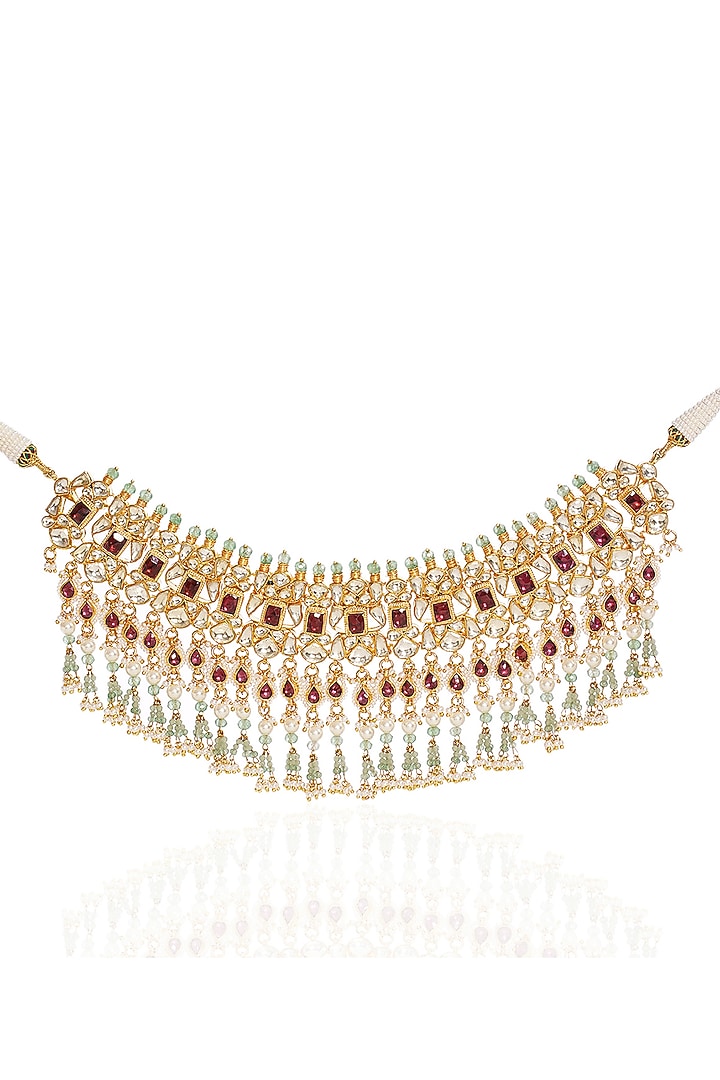 Gold Finish Kundan Polki & Pearl Choker Necklace Set by Preeti Mohan at Pernia's Pop Up Shop