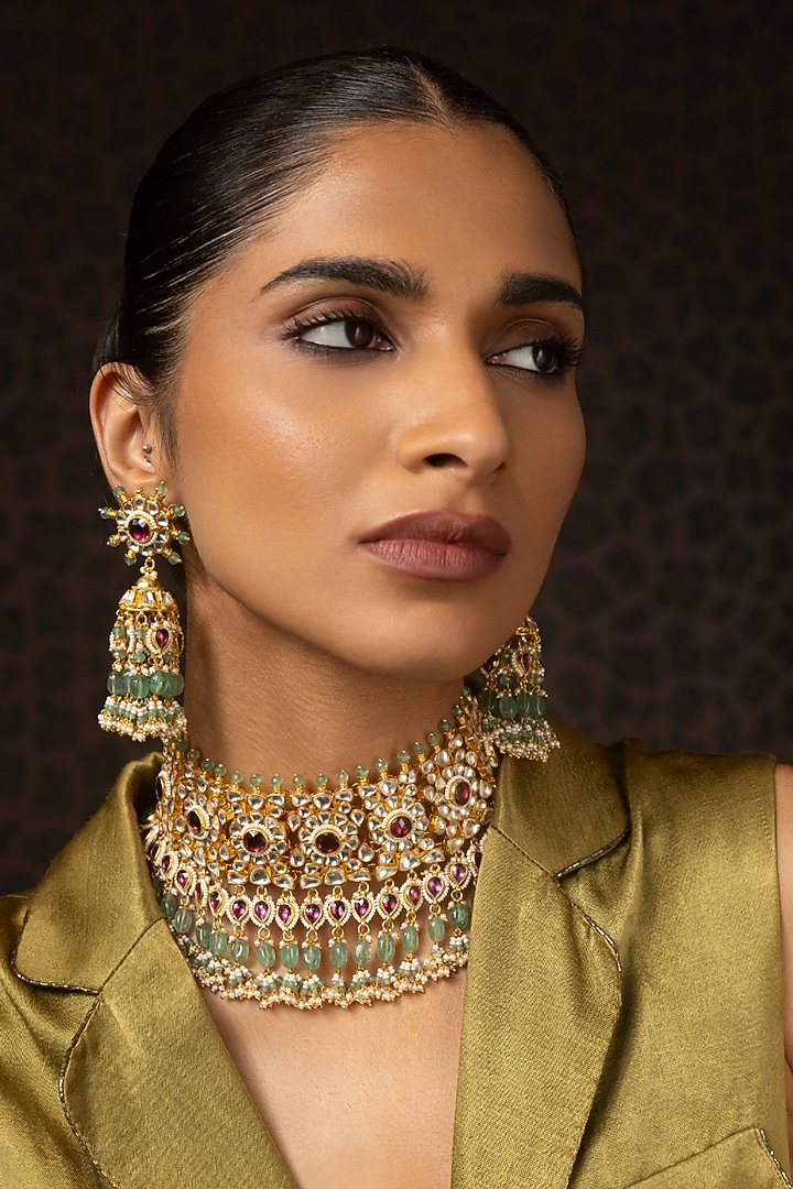Gold Finish Kundan Polki & Pearl Choker Necklace Set by Preeti Mohan at Pernia's Pop Up Shop