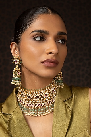 Gold Finish Kundan Polki & Pearl Choker Necklace Set by Preeti Mohan
