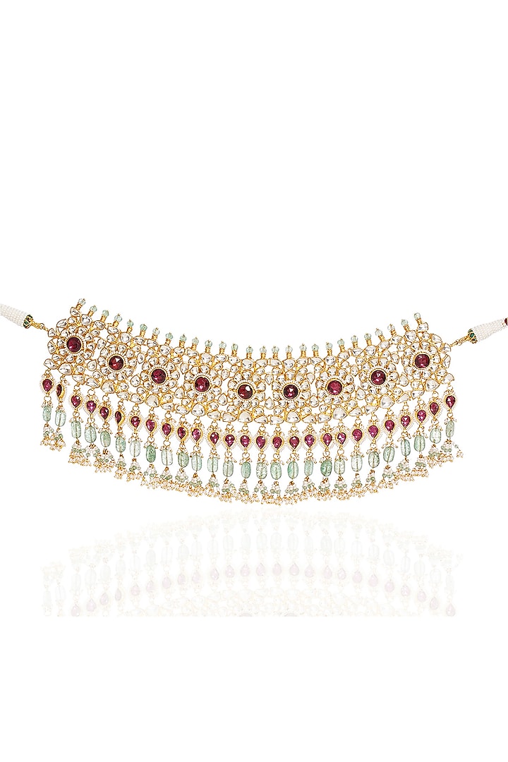Gold Finish Kundan Polki & Pearl Choker Necklace Set by Preeti Mohan at Pernia's Pop Up Shop