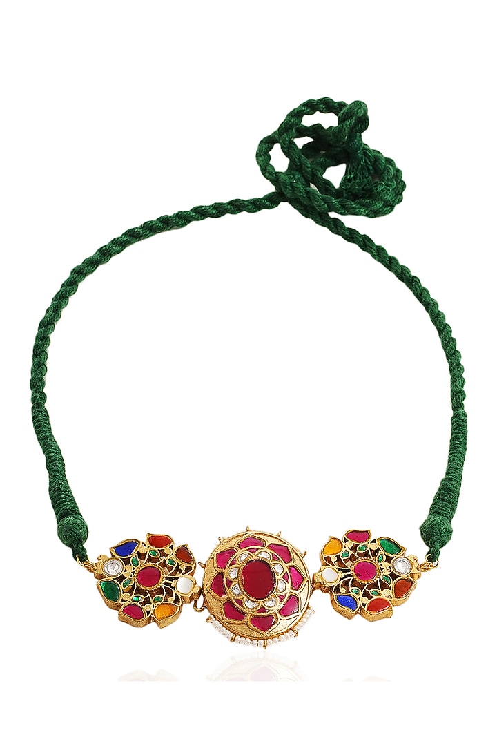 Gold Finish Kundan Polki & Navratna Stone Choker Necklace Set by Preeti Mohan at Pernia's Pop Up Shop