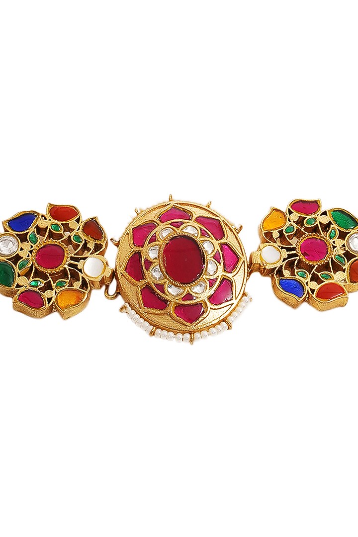 Gold Finish Kundan Polki & Navratna Stone Choker Necklace Set by Preeti Mohan at Pernia's Pop Up Shop