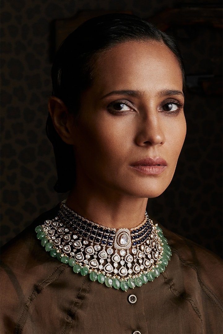 Gold Finish Kundan Polki & Pearl Choker Necklace Set by Preeti Mohan at Pernia's Pop Up Shop