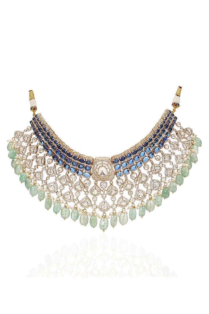 Gold Finish Kundan Polki & Pearl Choker Necklace Set by Preeti Mohan at Pernia's Pop Up Shop