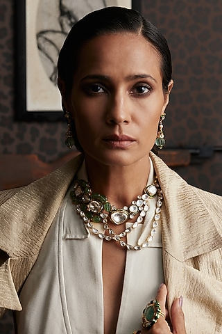 Gold Finish Kundan Polki Choker Necklace by Preeti Mohan