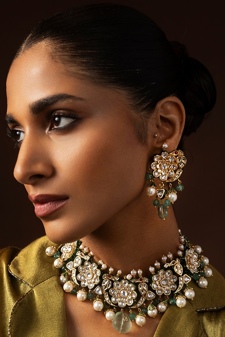 Gold Finish Kundan Polki & Fluorite Drop Choker Necklace Set by Preeti Mohan at Pernia's Pop Up Shop