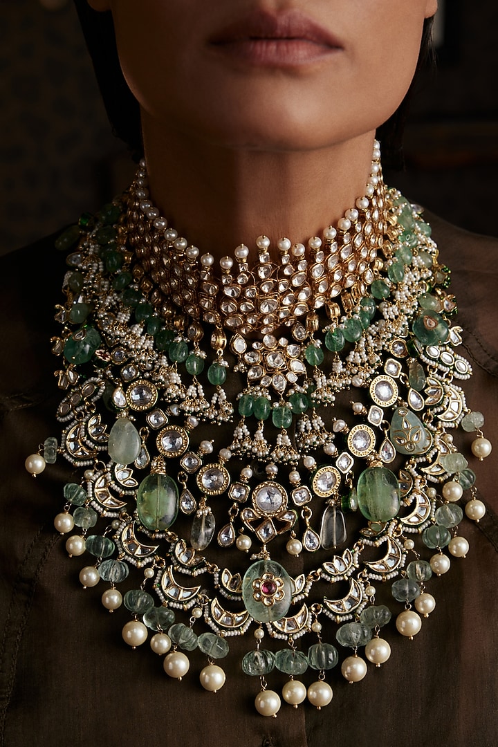 Gold Finish Kundan Polki Long Necklace Set by Preeti Mohan at Pernia's Pop Up Shop