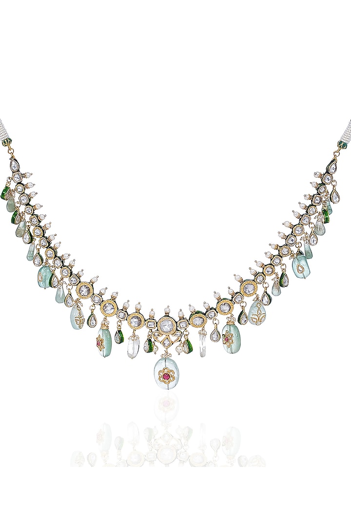 Gold Finish Kundan Polki Long Necklace Set by Preeti Mohan at Pernia's Pop Up Shop