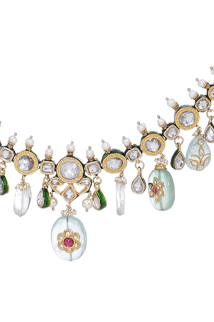 Gold Finish Kundan Polki Long Necklace Set by Preeti Mohan at Pernia's Pop Up Shop
