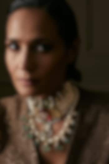 Antique Gold Finish Kundan Polki & Green Onyx Long Necklace Set by Preeti Mohan at Pernia's Pop Up Shop