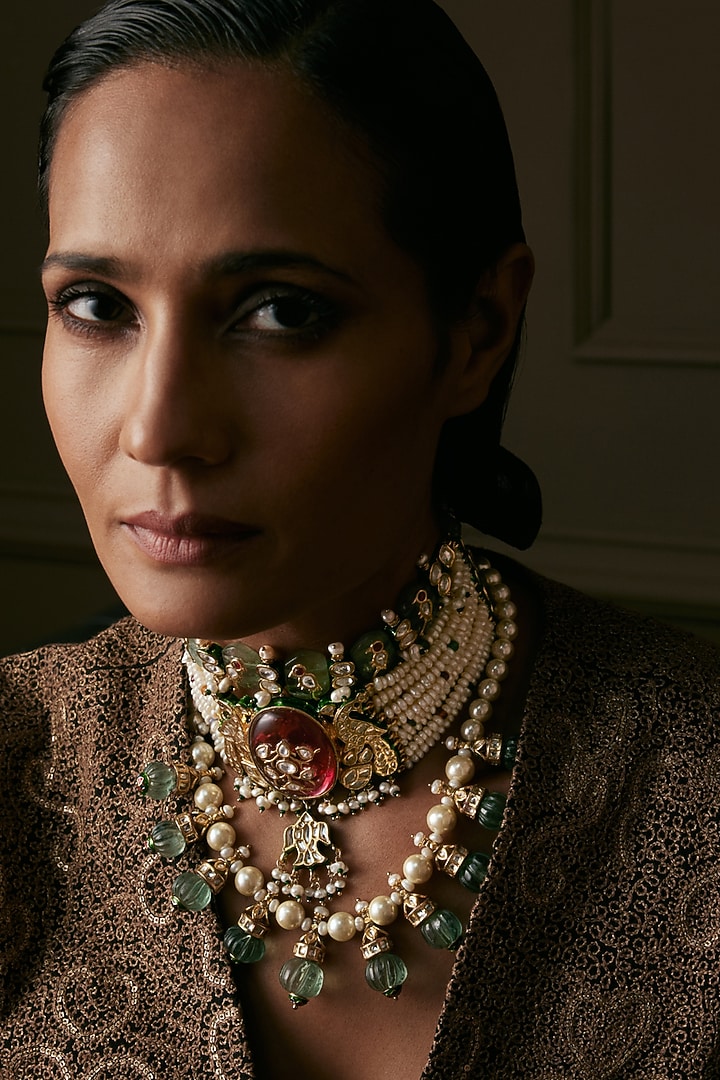 Antique Gold Finish Kundan Polki & Green Onyx Long Necklace Set by Preeti Mohan at Pernia's Pop Up Shop