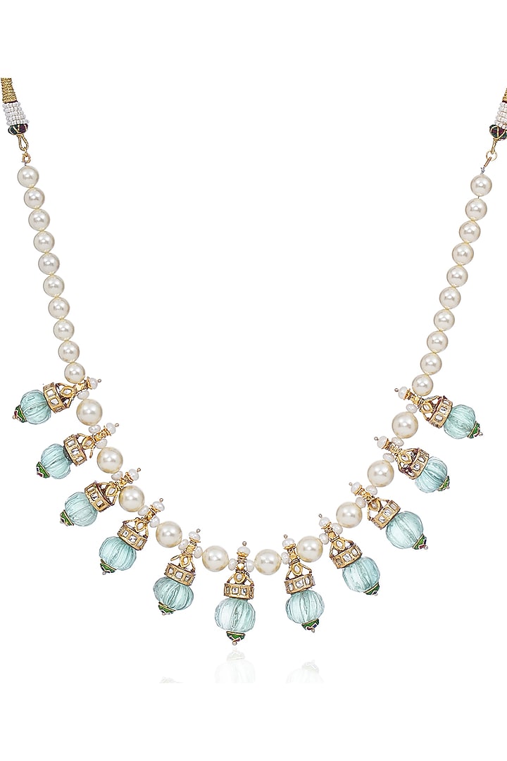 Antique Gold Finish Kundan Polki & Green Onyx Long Necklace Set by Preeti Mohan at Pernia's Pop Up Shop