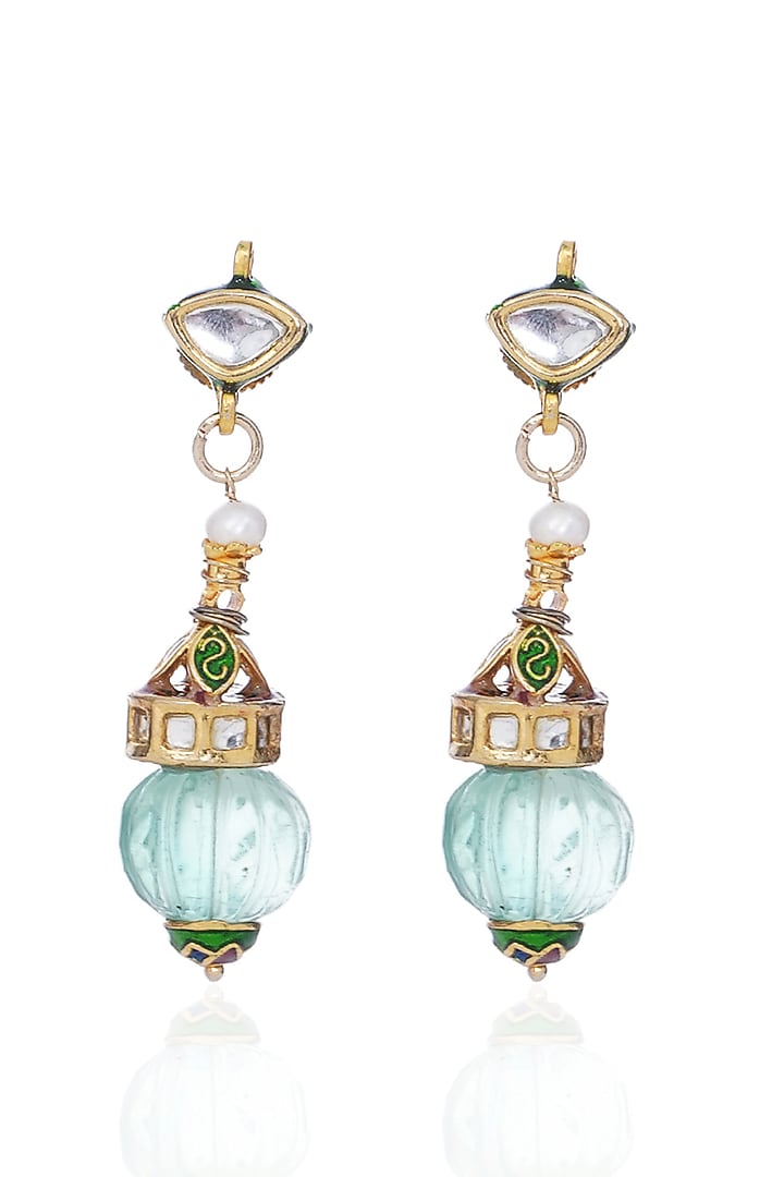 Antique Gold Finish Kundan Polki & Green Onyx Long Necklace Set by Preeti Mohan at Pernia's Pop Up Shop