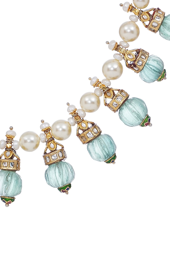 Antique Gold Finish Kundan Polki & Green Onyx Long Necklace Set by Preeti Mohan at Pernia's Pop Up Shop