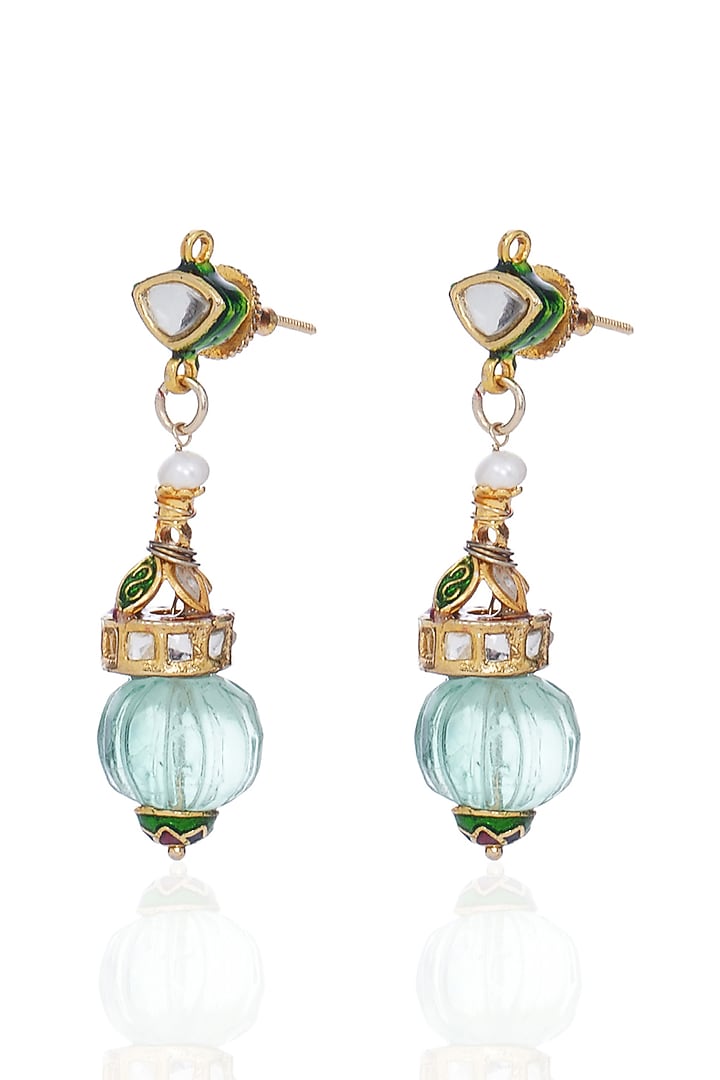 Antique Gold Finish Kundan Polki & Green Onyx Long Necklace Set by Preeti Mohan at Pernia's Pop Up Shop