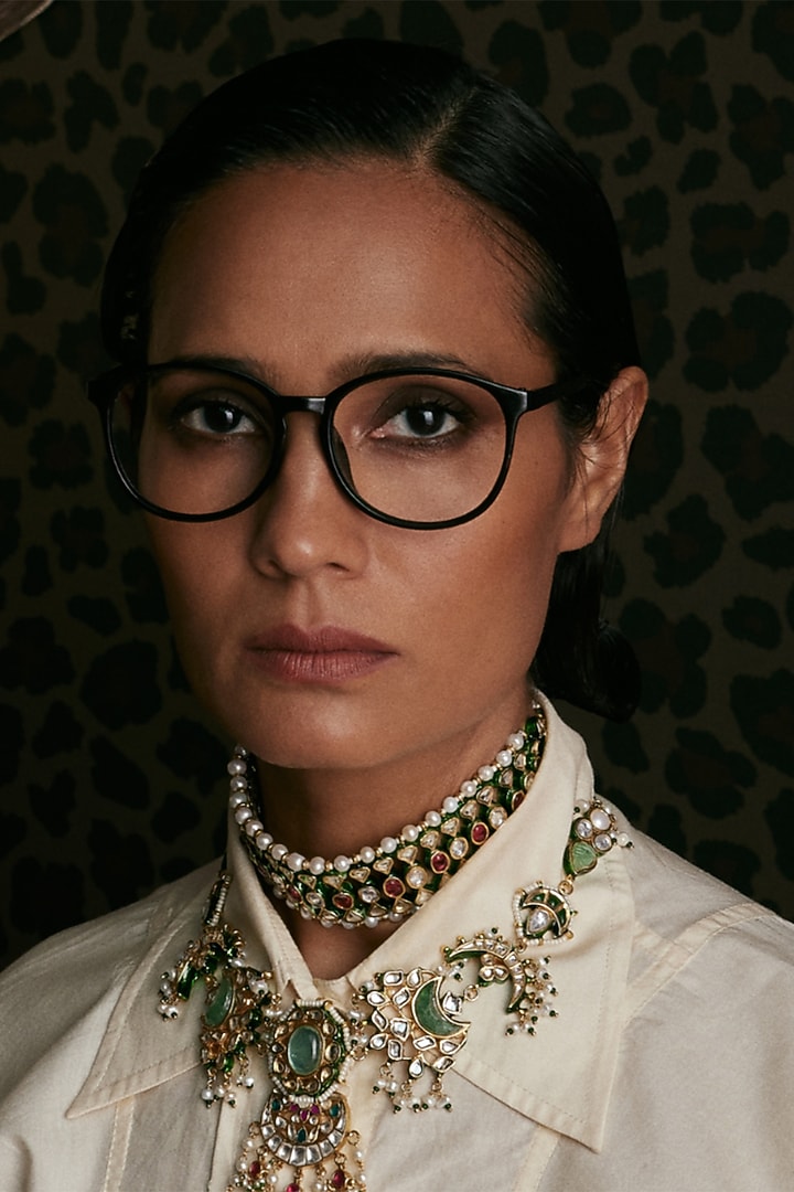 Gold Finish Kundan Polki & Multi-Colored Drop Choker Necklace Set by Preeti Mohan at Pernia's Pop Up Shop