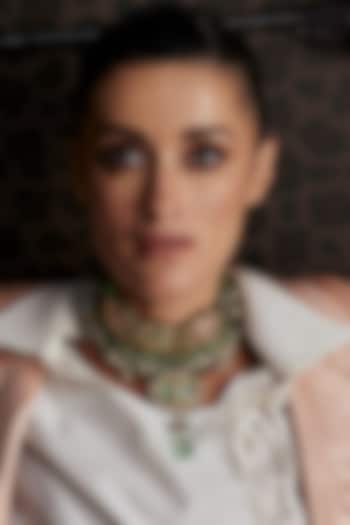 Gold Finish Kundan Polki & Navratna Stone Choker Necklace Set by Preeti Mohan at Pernia's Pop Up Shop