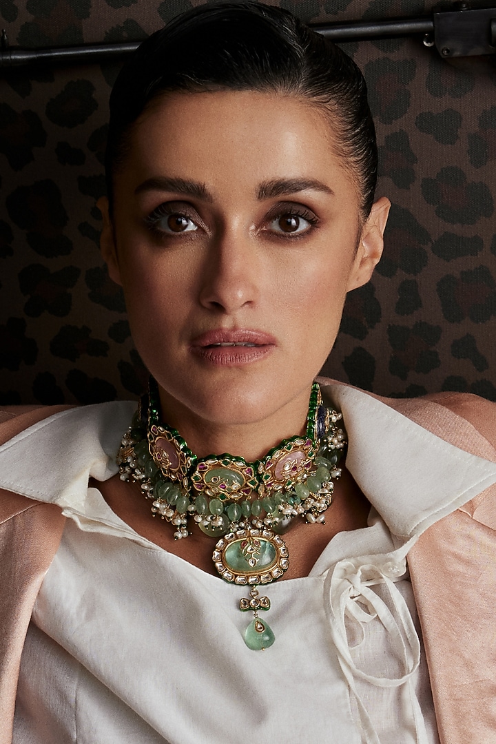 Gold Finish Kundan Polki & Navratna Stone Choker Necklace Set by Preeti Mohan at Pernia's Pop Up Shop