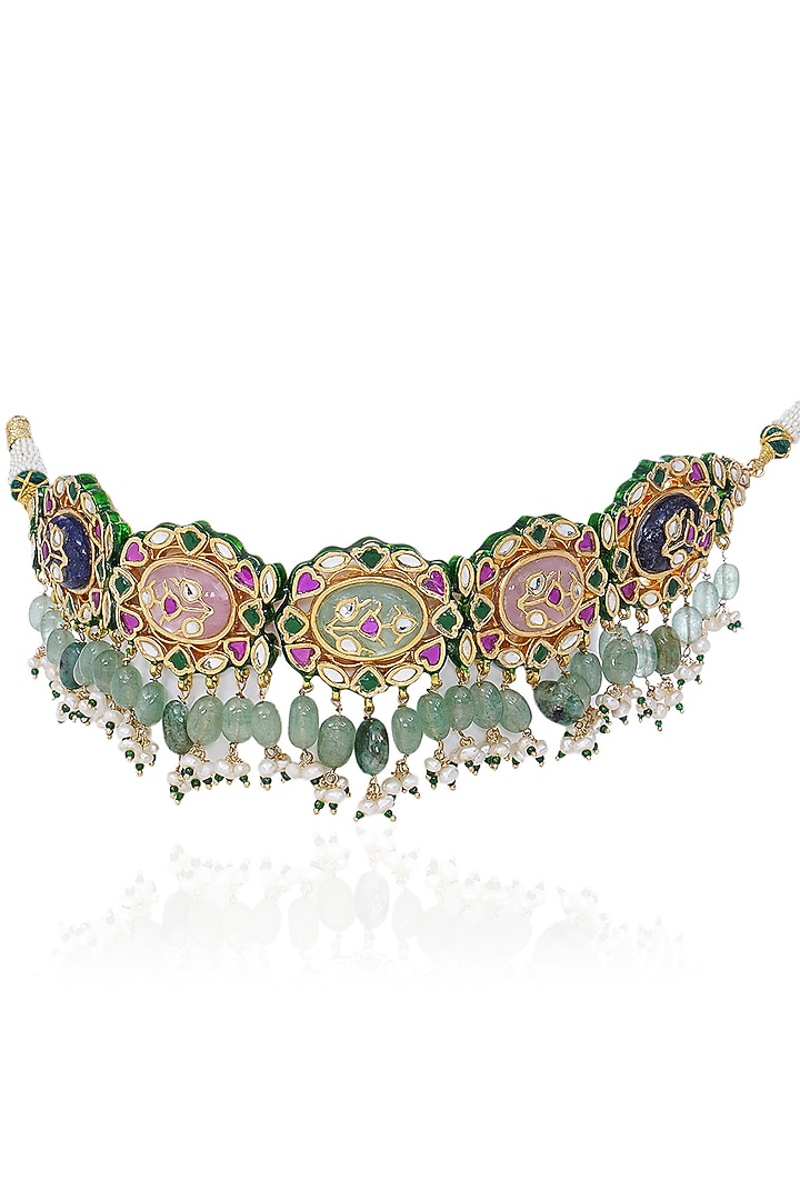 Gold Finish Kundan Polki & Navratna Stone Choker Necklace Set by Preeti Mohan at Pernia's Pop Up Shop