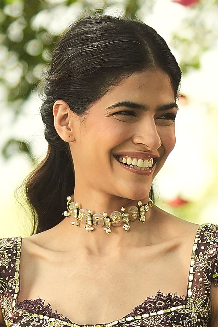 Gold Finish Kundan Polki & Pearl Choker Necklace by Preeti Mohan at Pernia's Pop Up Shop