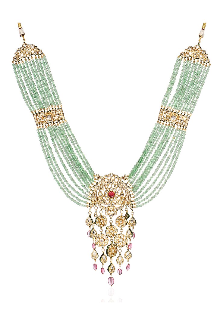 Gold Finish Kundan Polki & Pink Tourmaline Drop Long Necklace by Preeti Mohan at Pernia's Pop Up Shop