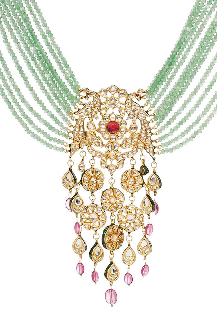 Gold Finish Kundan Polki & Pink Tourmaline Drop Long Necklace by Preeti Mohan at Pernia's Pop Up Shop