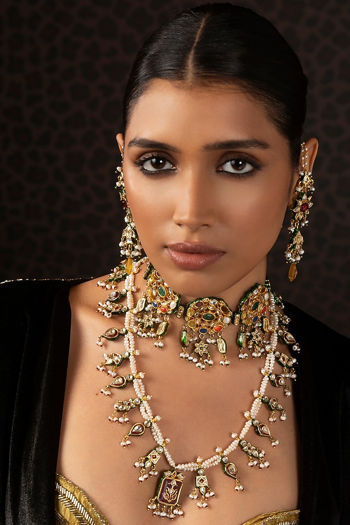 Gold Finish Kundan Polki & Ruby Long Necklace by Preeti Mohan at Pernia's Pop Up Shop