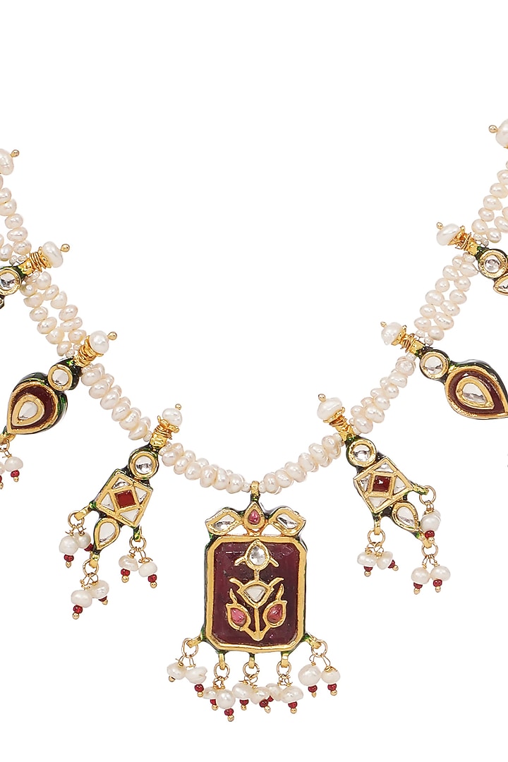 Gold Finish Kundan Polki & Ruby Long Necklace by Preeti Mohan at Pernia's Pop Up Shop