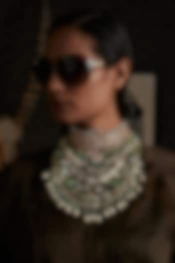 Gold Finish Kundan Polki & Green Onyx Long Necklace by Preeti Mohan at Pernia's Pop Up Shop