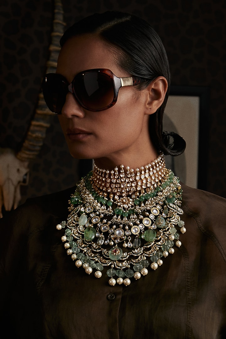 Gold Finish Kundan Polki & Green Onyx Long Necklace by Preeti Mohan at Pernia's Pop Up Shop