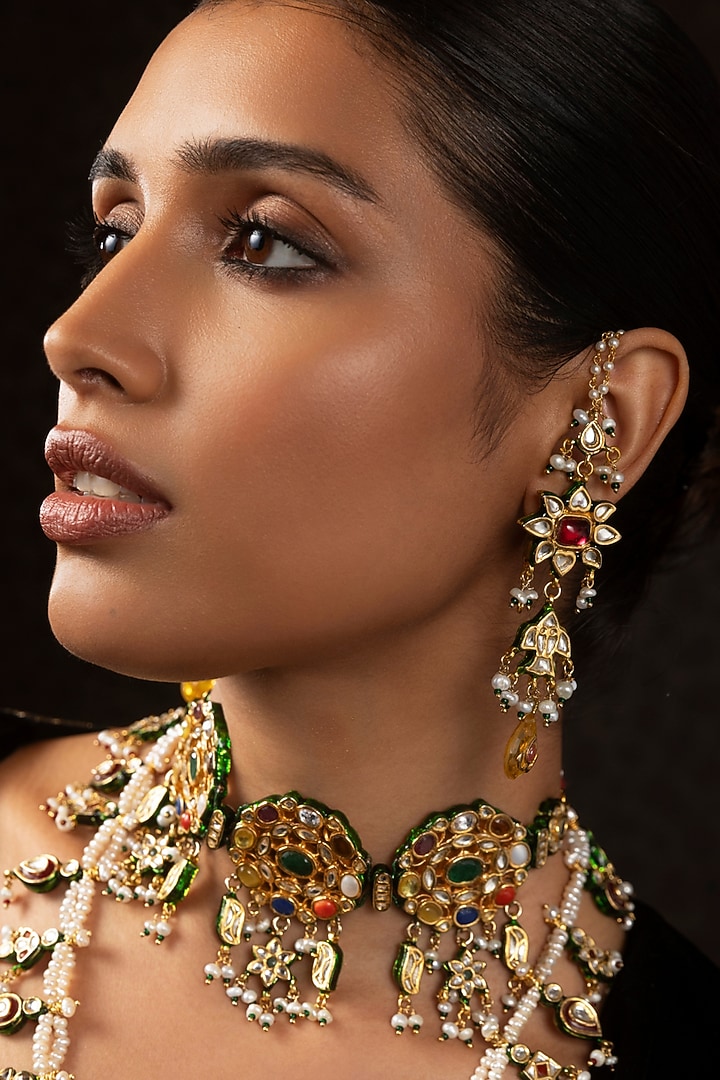 Gold Finish Navratna Stone & Green Onyx Choker Necklace by Preeti Mohan at Pernia's Pop Up Shop