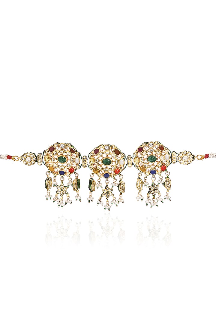 Gold Finish Navratna Stone & Green Onyx Choker Necklace by Preeti Mohan at Pernia's Pop Up Shop
