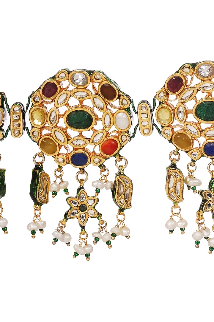 Gold Finish Navratna Stone & Green Onyx Choker Necklace by Preeti Mohan at Pernia's Pop Up Shop
