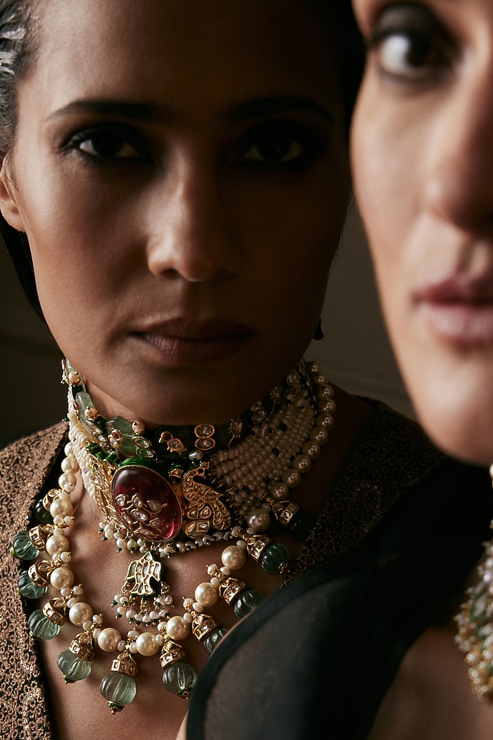 Gold Finish Kundan Polki & Ruby Choker Necklace by Preeti Mohan at Pernia's Pop Up Shop