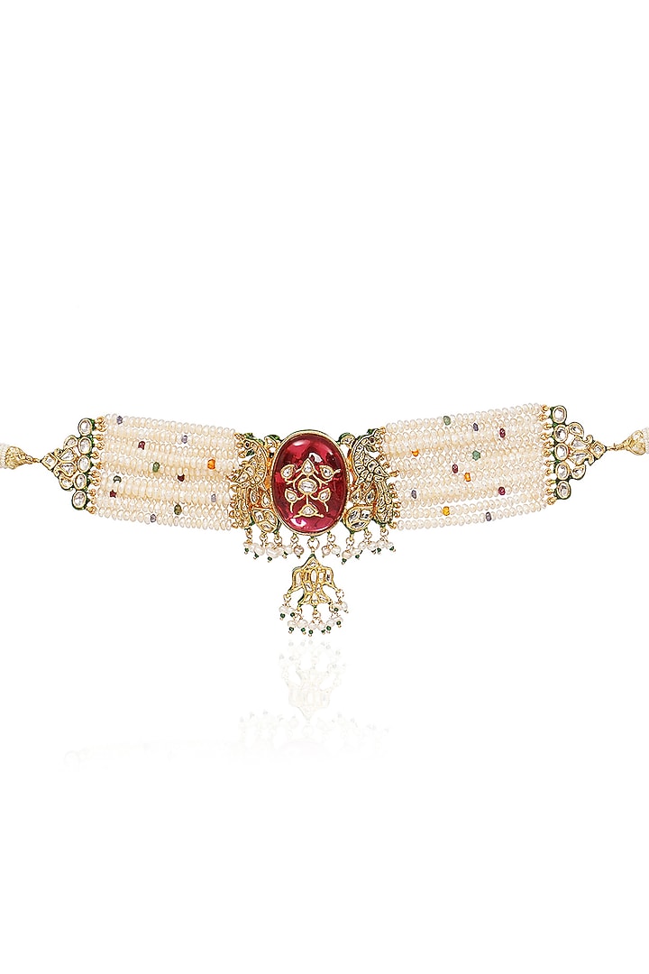 Gold Finish Kundan Polki & Ruby Choker Necklace by Preeti Mohan at Pernia's Pop Up Shop