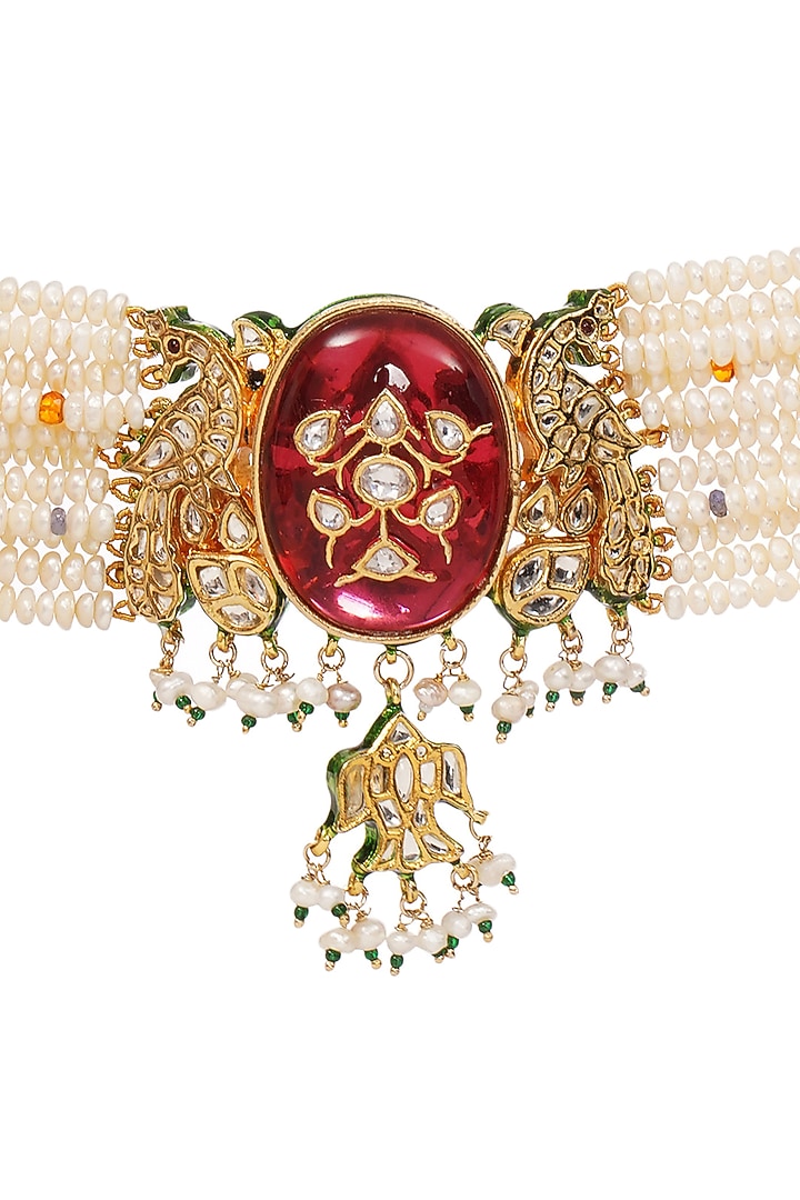 Gold Finish Kundan Polki & Ruby Choker Necklace by Preeti Mohan at Pernia's Pop Up Shop